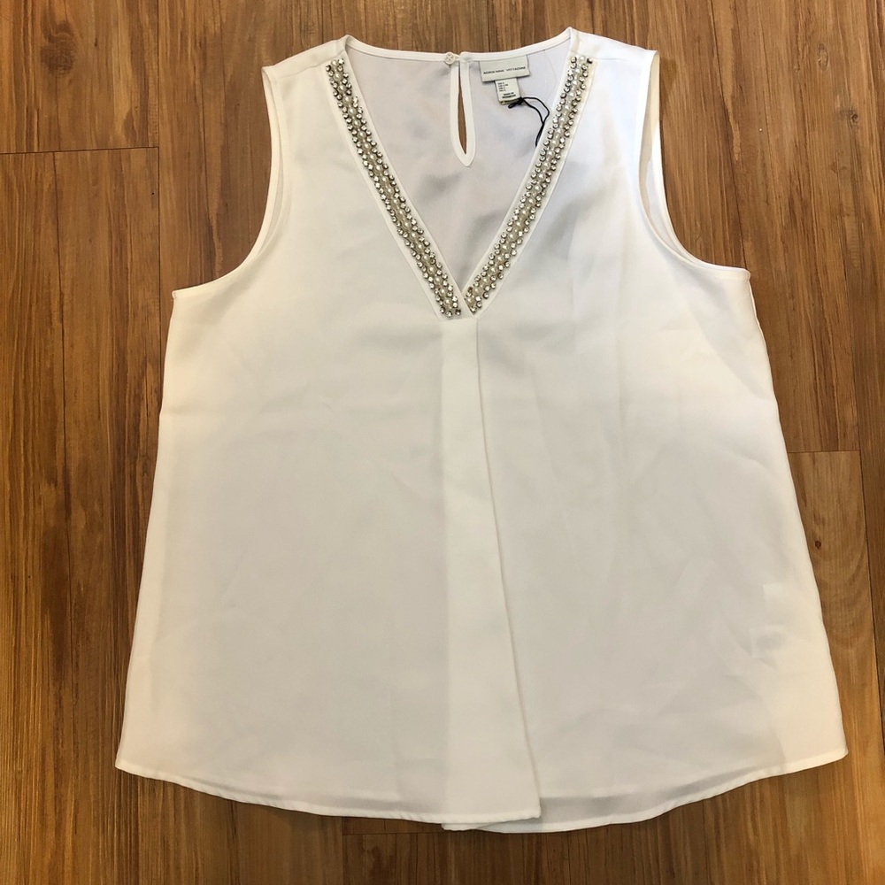 NWT Adrienne Vittadini White Embellished V-Neck Blouse Size Large